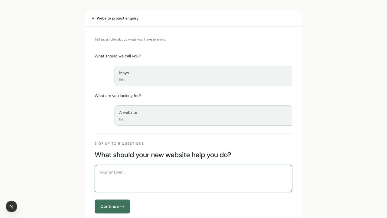 Captured Faaram conversation showing a website-specific follow-up after the sample answer A website